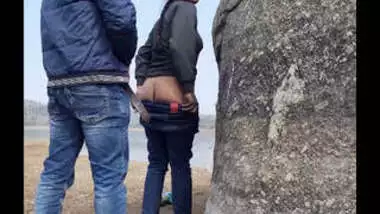 Sexy daring couple fucking near lake side