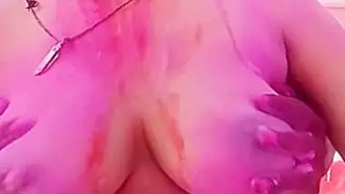 Husband Is Playing Big Boobs Of Pregnant Wife In Holi - Huge Boobs