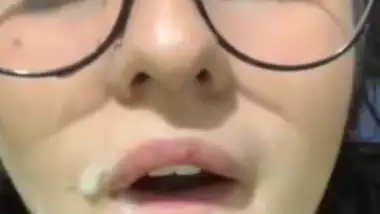 Cute Girl With Glasses Takes Cum All Over Her Face And In Mouth